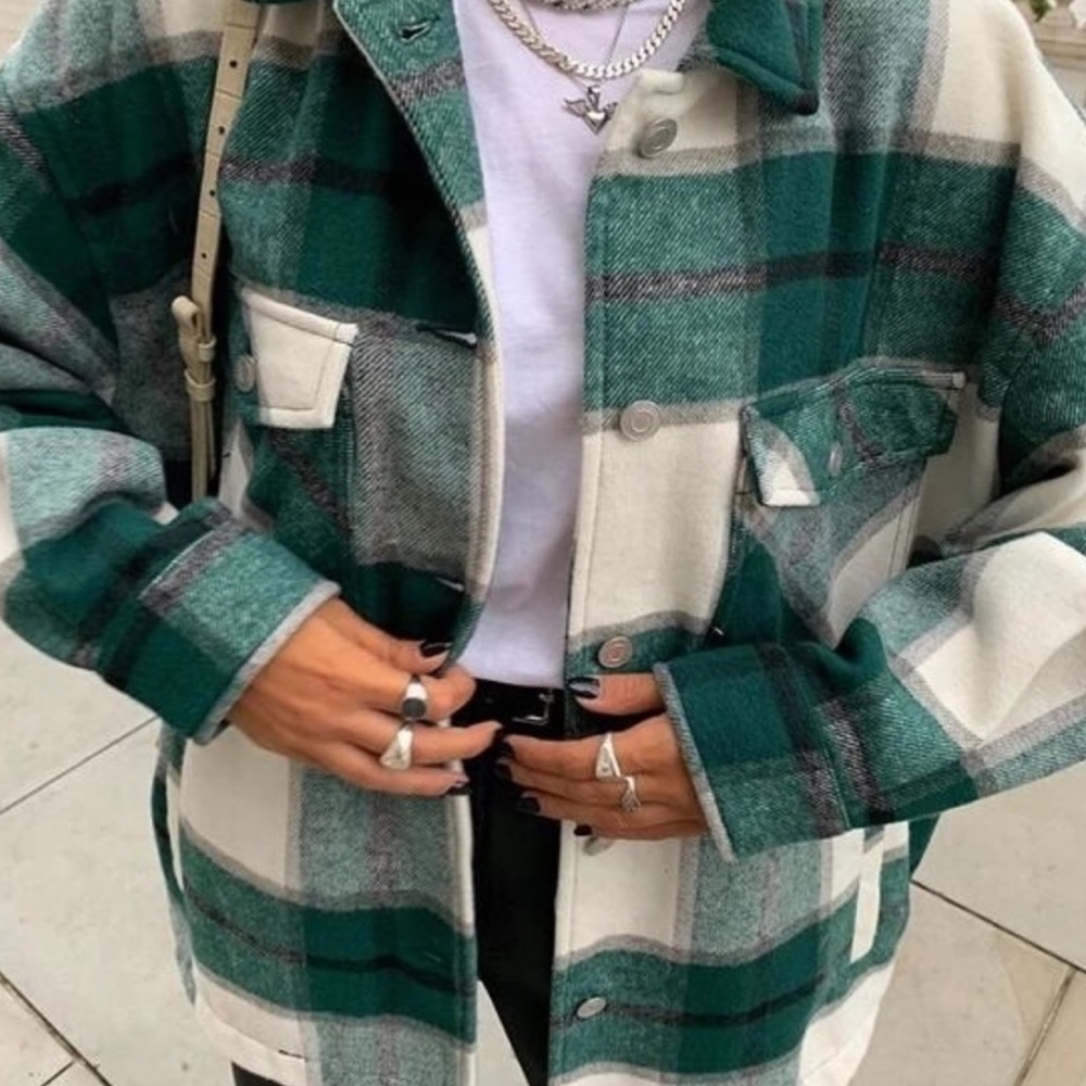 Plaid Stripe Oversized Flannel Shirt Shacket green - Picture 8 of 16